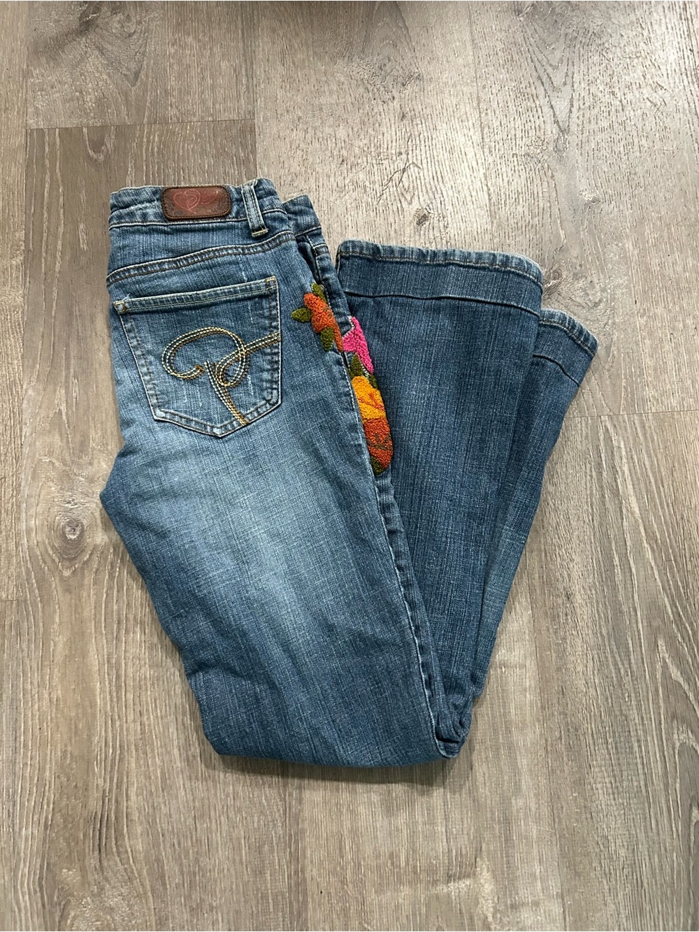 Jessica Simpson Blue Denim Bootcut Jeans with Colorful Side Embroidery Y2K